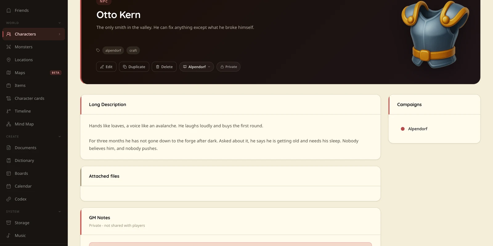 An NPC card in Talehaven: Otto Kern with a two-sentence description, tags and the campaign he belongs to.