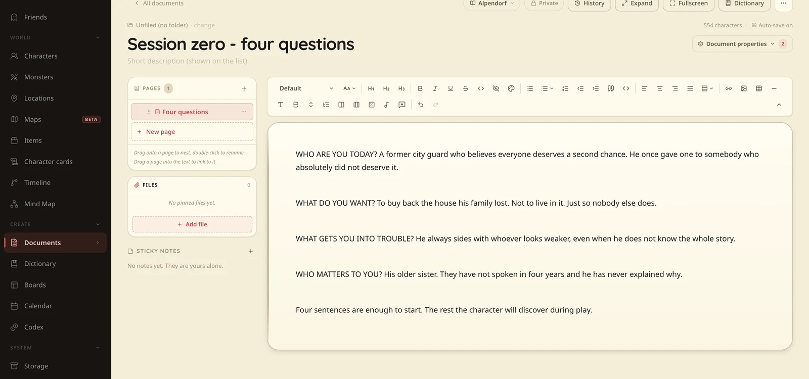 A player handout in Talehaven: four questions about the character with one-sentence answers.