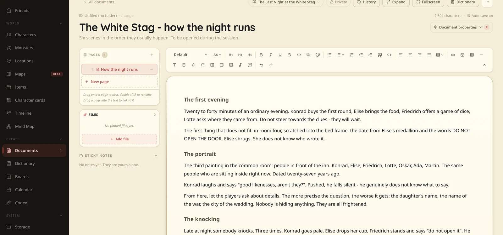 A scenario document in Talehaven: the night at the White Stag split into short scenes.