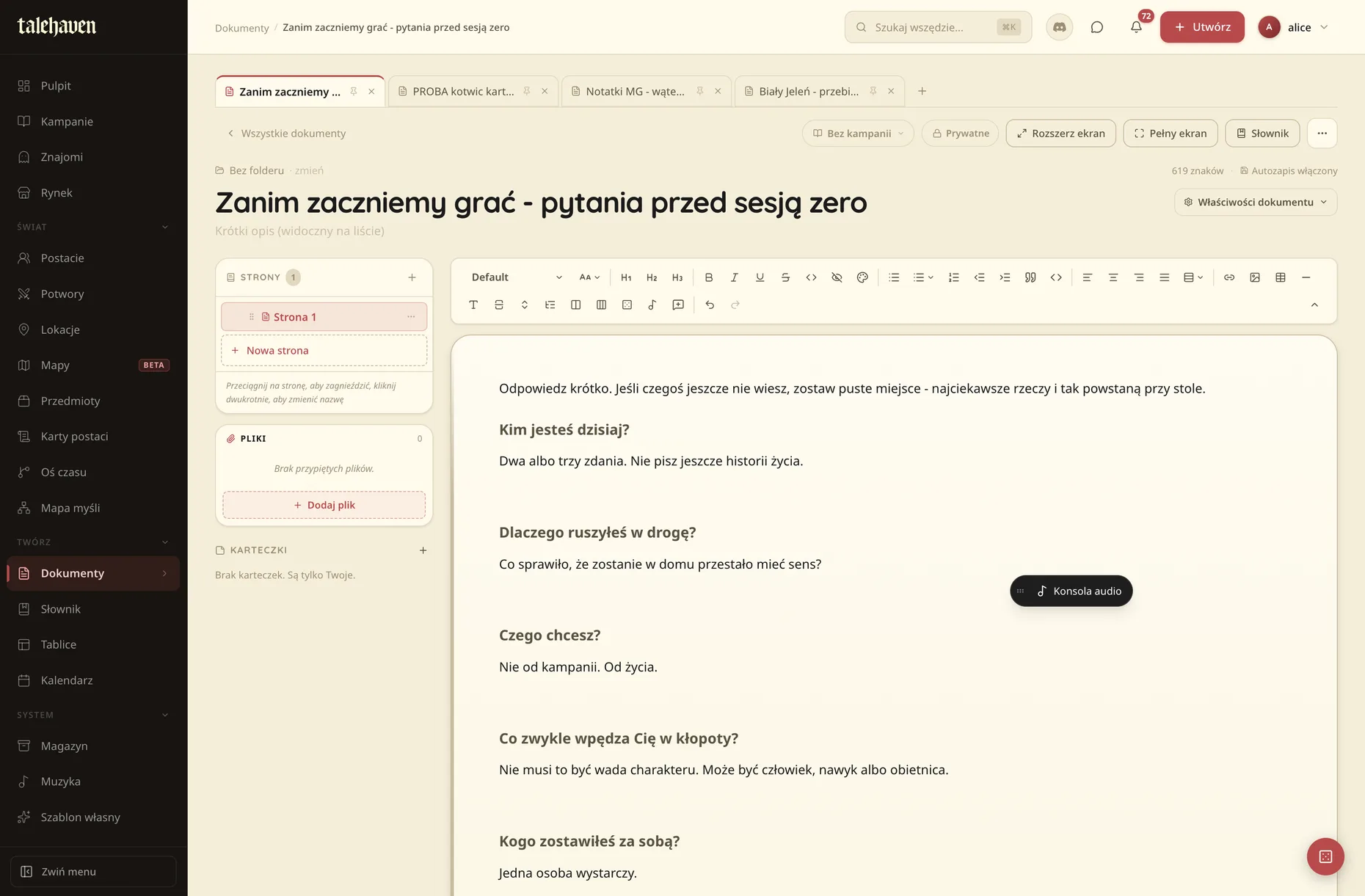 Dokument w Talehaven z pytaniami przed sesją zero: pod każdym pytaniem krótka wskazówka i puste miejsce na odpowiedź gracza.